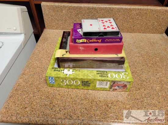 Puzzle, Texas Hold Em Set, Dominoes, Five Crowns Card Game, Deck of Cards