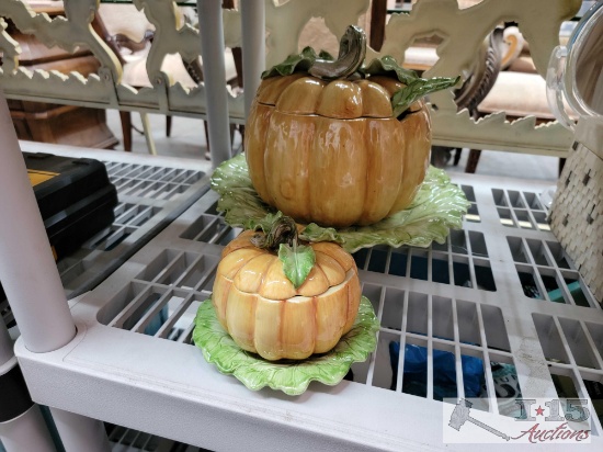 Fitz and Floyd Pumpkin Soup Tureen with Laddle, Leaf Platter, and Covered Soup Bowl