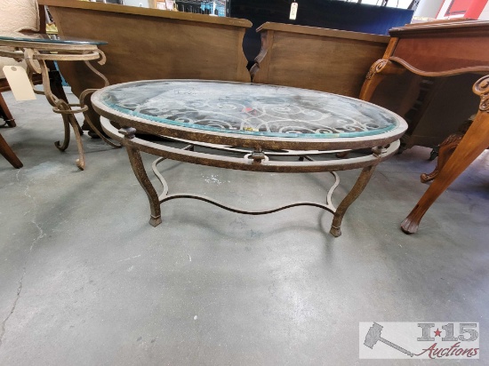 1990s Drexel Heritage Glass and Iron Oval Coffee Table