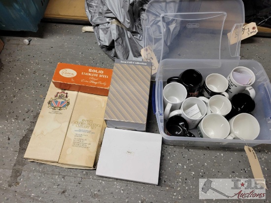 Coffe Mugs, Stainless Steel Silverware, Avon Convertible Hurricane Lamp