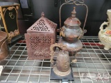 Brass Feng Shui Dragon Bell, Metal Candle Lantern, and Decorative Metal Urn