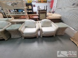 2 Bent Rattan Lounge Chairs and End Tables with Glass Top