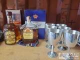 3 Bottles In Cases and 6 Wine Glasses