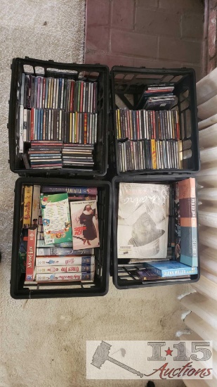 4 Totes of VHS, DVDs, and CDs