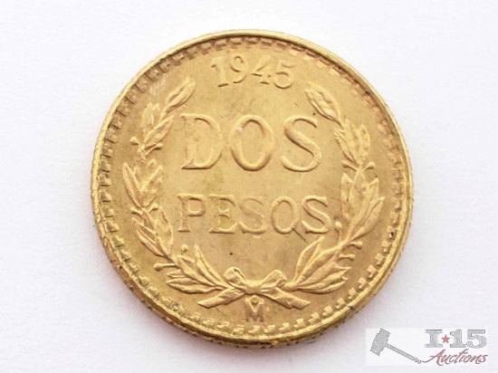 1945 2 Pesos .900 Gold Coin, 1.6g