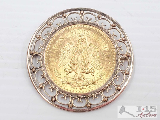 1924 .900 Gold 50 Pesos Coin with 14k Gold Bezel, 54.1g