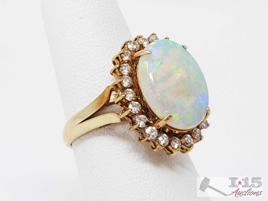 14k Gold Opal Ring with Diamond Halo, 5.7g