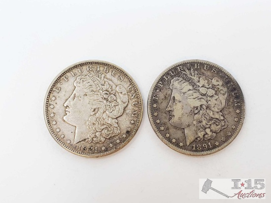 1921 and 1891 Morgan Silver Dollars