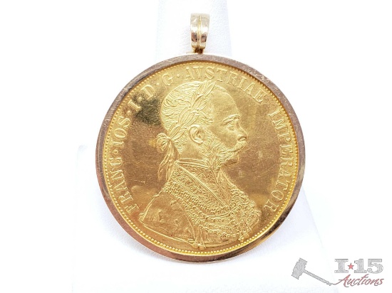1915 .986 Gold Austrian 4 Ducat Coin in 14k Gold Bezel, 17.2g