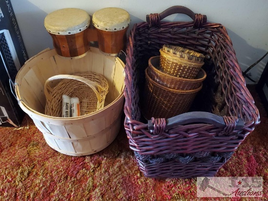 8 Wooden Woven Baskets, Bongos, and Tie Down Rope