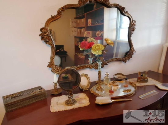 Vintage Vanity Tray, Vintage Hair Brush, Comb, Hand Held Mirror and More