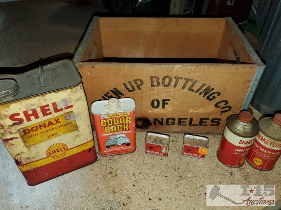 Vintage 7-Up Crate, Shell 1 Gallon Lubricant Can, Break Fluid and More