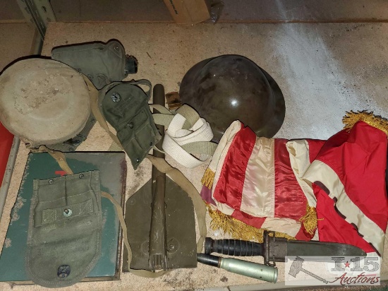 Vintage Miltary Helmet, First Aid Kit, Canteens and Moee