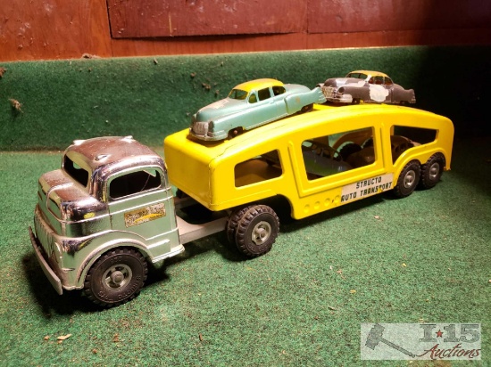 Vintage Structo Truck and Structo Auto Transport Trailer with 4 Cars