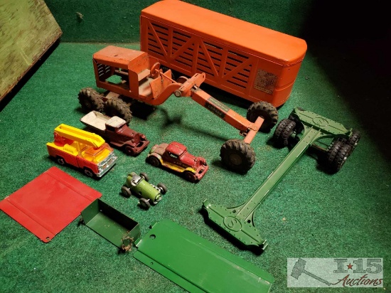 Structo Motor Grader and 2 Tractor Trailers, 2 Antique Metal Cars, and More