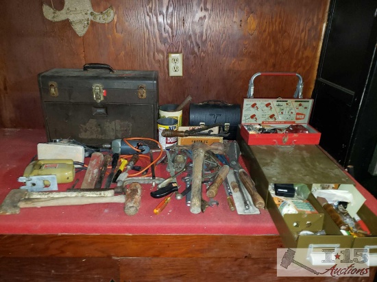 Various Tools- Includes Toolboxes, Saws, Pick Axe, Wrenches, Amd More