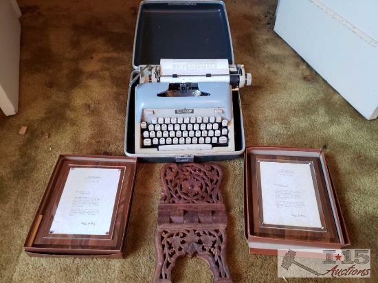 Royal Typewriter, Wooden Stand, And 2 Plaques
