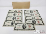 9 1953 Red Sealed $2 Dollar Bills & A Bank Of America Travelers Cheques Case