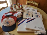 3 Olympic Hats, 4 Sam The Olympic Eagles, 2 LA Olympics Collectors Plates, 4 Ceramic Picture Frames