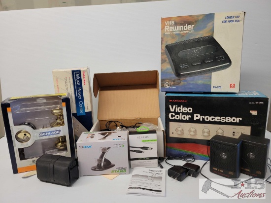 Box of Chargers, Charging Stand, Speakers & More