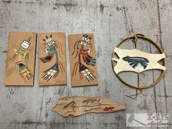 (3) Sand Paintings, Art on Wood & Dream Catcher