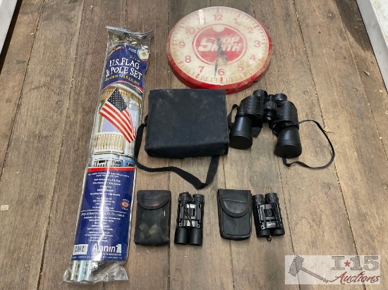 U.S. Flag Pole Set, Binoculars and Clock