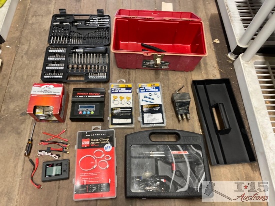 Drill Bit Set, Guages, Hose Clamps & Tool Box
