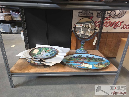 (4) Vintage Decorative Enamel Plates and Chinese Cloisonne Table Mirror