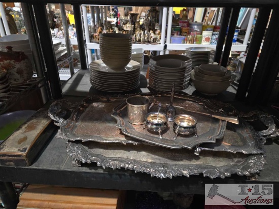 (3) Silver Plated Serving Trays, Tea Set, and Jewlery Trinkets Box