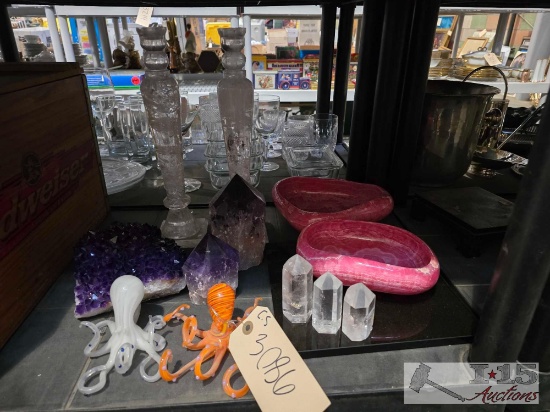 Amethyst Geode and (2) Crystals, (3) Quartz Crystals, (2) Rhondochrosite Crystal Dishes