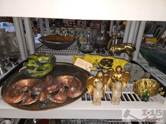 St John Home Peacock Barware, Brass Buck Statue, Vintage Chartreuse Panther Lamp