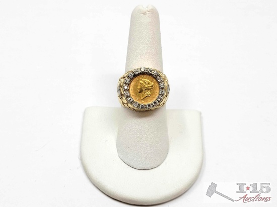 14K Gold Diamond Ring with Gold Coin, 12g