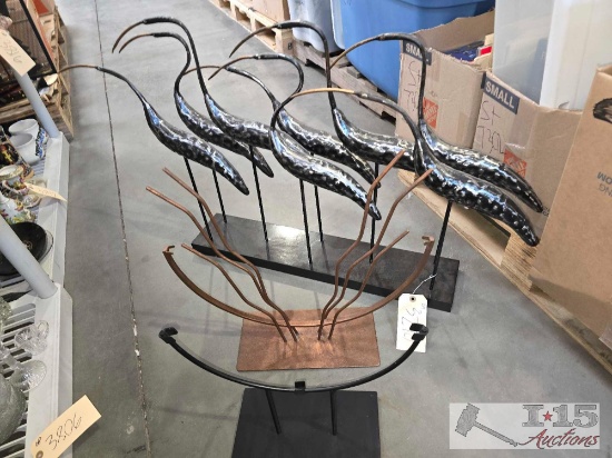 Metal Sculpture and (2) Metal Decorative Display Stands