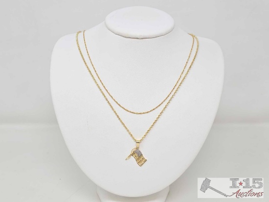 14k Gold American Flag Pendant Necklace with Extra 14k Gold Chain, 6g