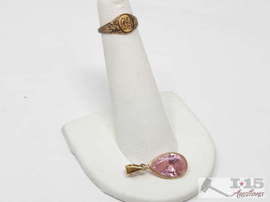 10k Gold Signet Ring & Pink Stone Gold Pendant, 2.7g