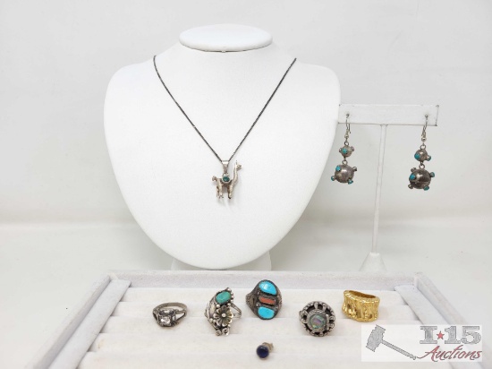 .925 Silver Rings, Earrings and Necklace, 48.64g