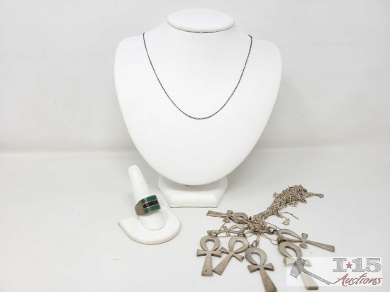 .925 Silver Ankh Crosses Neckalces, Silver Ring & Pin 105g