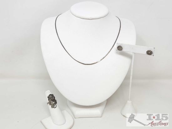.925 Silver Necklace, Earrings and Ring, 9g