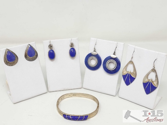 .925 Silver with Blue Stone Earrings & Bracelet, 61g