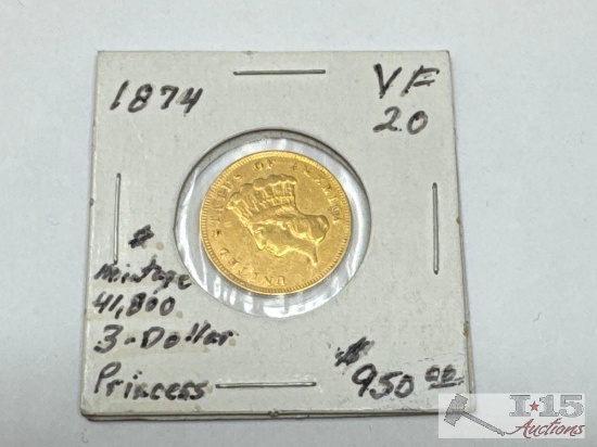 1874 $3 Indian Princess Gold Coin