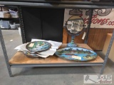 (4) Vintage Decorative Enamel Plates and Chinese Cloisonne Table Mirror