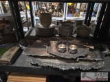 (3) Silver Plated Serving Trays, Tea Set, and Jewlery Trinkets Box