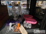 Amethyst Geode and (2) Crystals, (3) Quartz Crystals, (2) Rhondochrosite Crystal Dishes