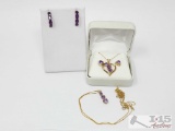 10k Gold Purple Stone Necklaces & Gold Purple Stone Earrings, 8g