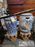 2 Garden Stools with Pedestals and Large Fan