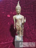 Metal Walking Buddah Statue with Wooden Base