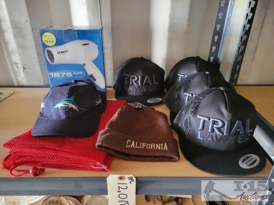 (5) Caps, Beanie, Hair Dryer, Drawstring Bag