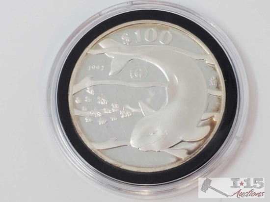 1992 $100 Pesos Vaquita Porpoise .999 Fine Silver Coin