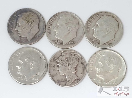 (6) 1947-1988 Dimes 90% Silver, 14.69g