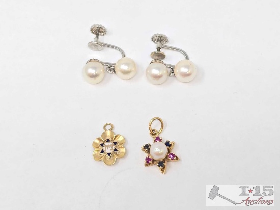 14K Pearl Earrings & Ruby, Sapphire, Pearl Pendants. 5.08g